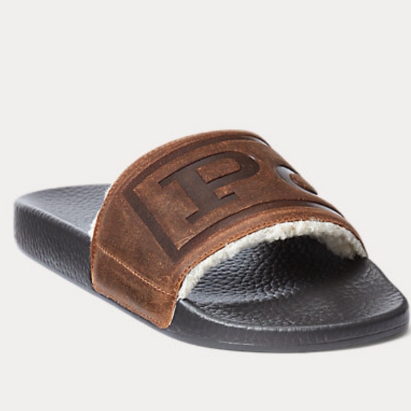 Polo Ralph Lauren Men's Suede Leather Shearling Slide Sandals Brown New 10 11 - Picture 6 of 9